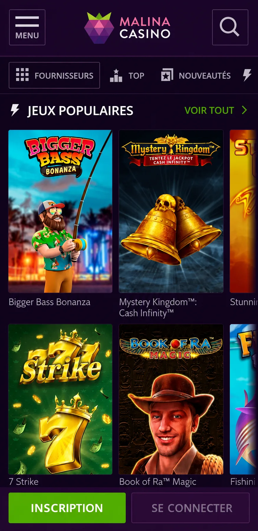 Malina Casino mobile games screen